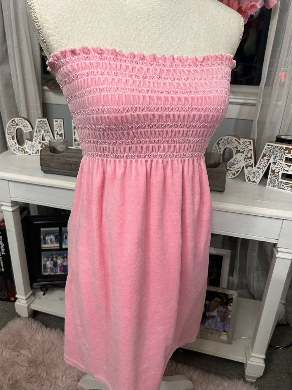 Y2K Rare Vintage Juicy Couture Pink Velour Babydoll Strapless Mini Dress size M